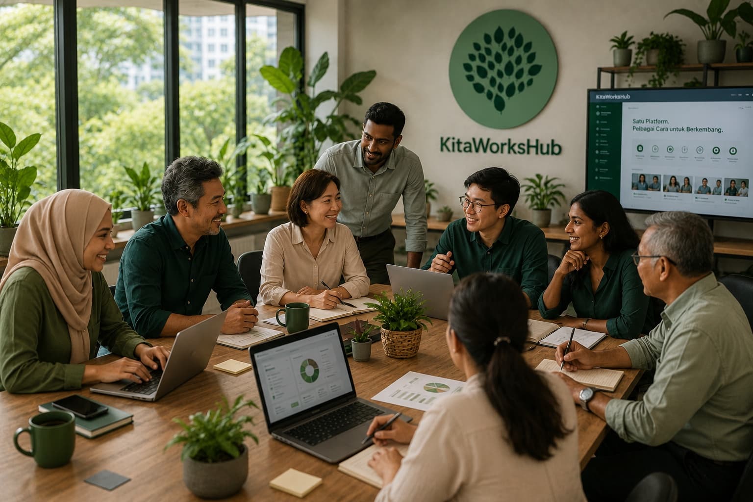 A diverse group of practitioners collaborating around a meeting table with laptops and platform dashboards, the Kitaworkshub brand visible on the wall behind them