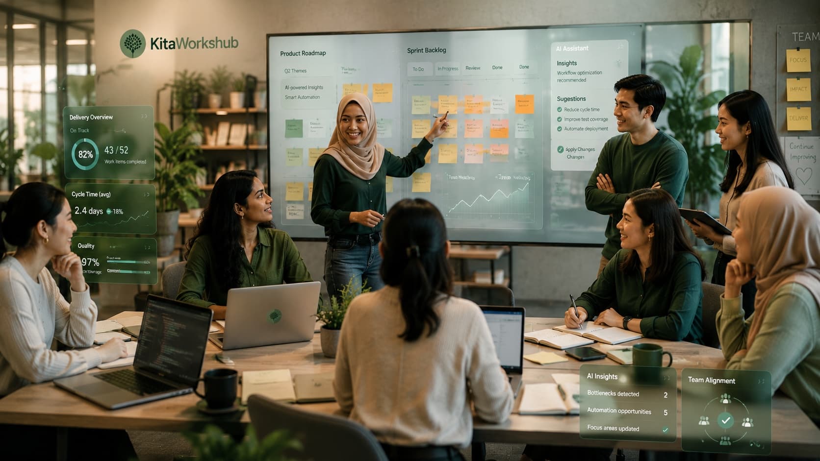 A product squad collaborating around a sprint backlog and AI-assisted delivery dashboard, with cycle-time and quality metrics visible