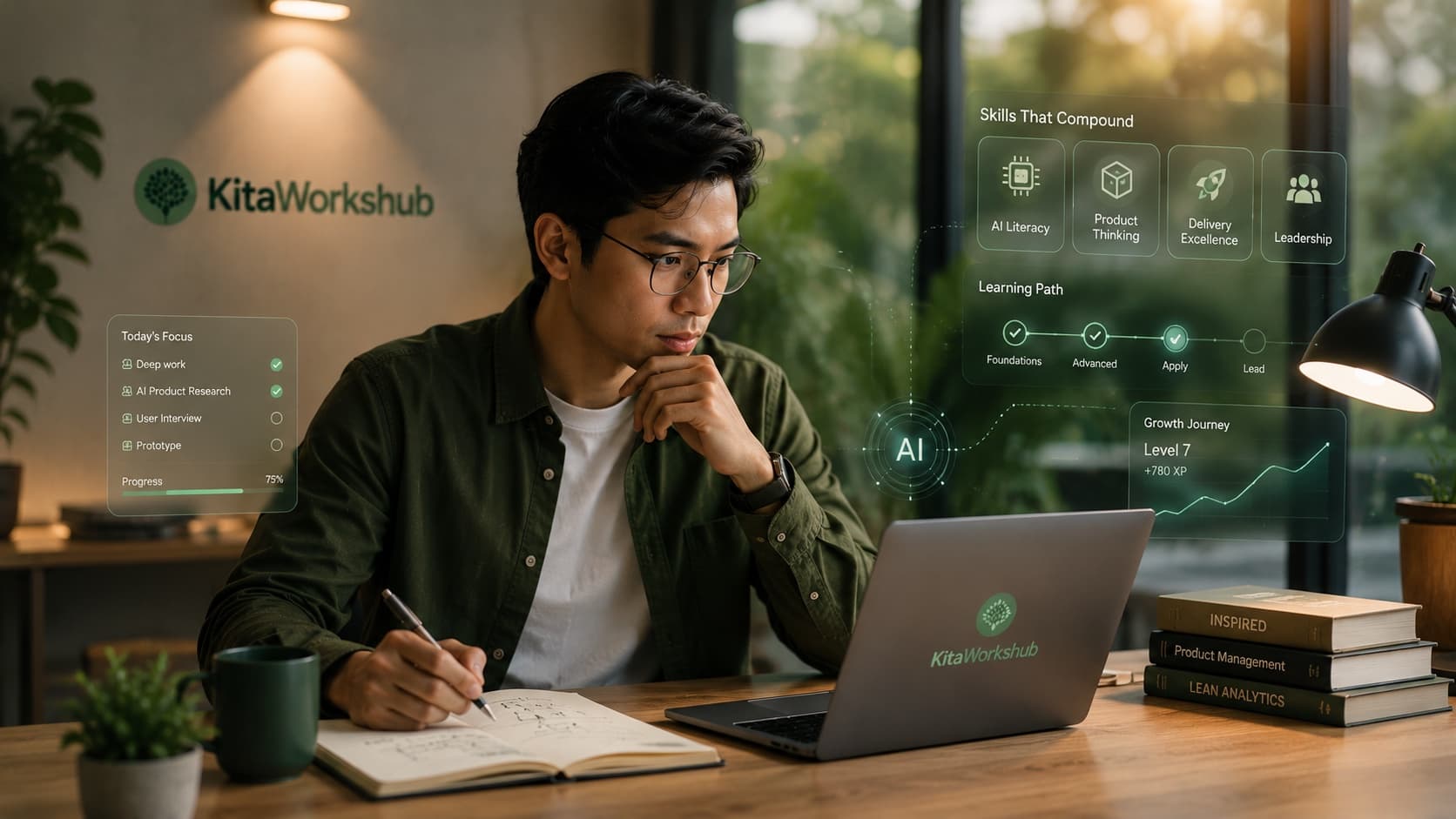 A practitioner working at a desk with notebook and laptop, an AI-assisted learning path and growth-journey dashboard alongside